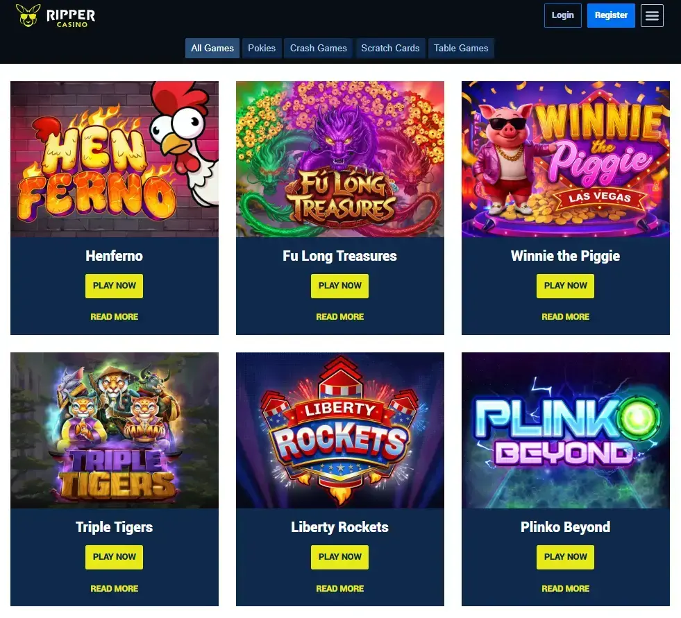 Current Ripper Casino games page showing the lobby category structure