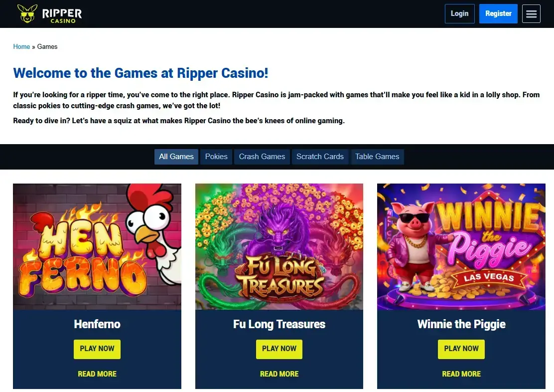 Current Ripper Casino games lobby showing casino category navigation