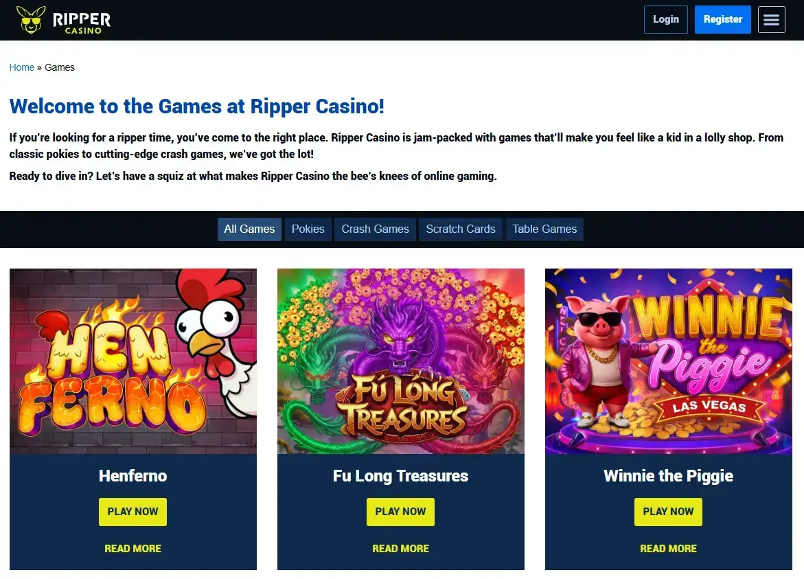Current Ripper Casino pokies category showing visible games and provider context