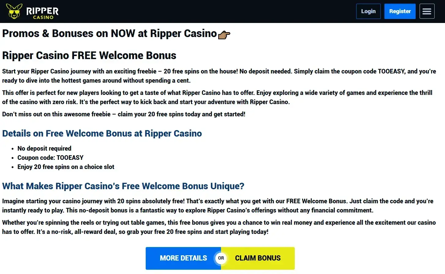 Current Ripper Casino promotion page showing the no-deposit free spins offer