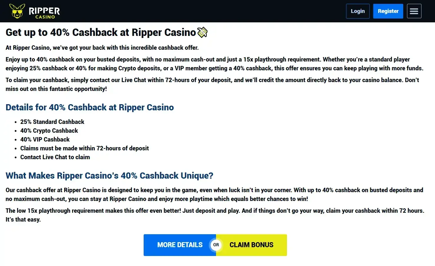 Current Ripper Casino promotions page showing recurring cashback and weekly offers