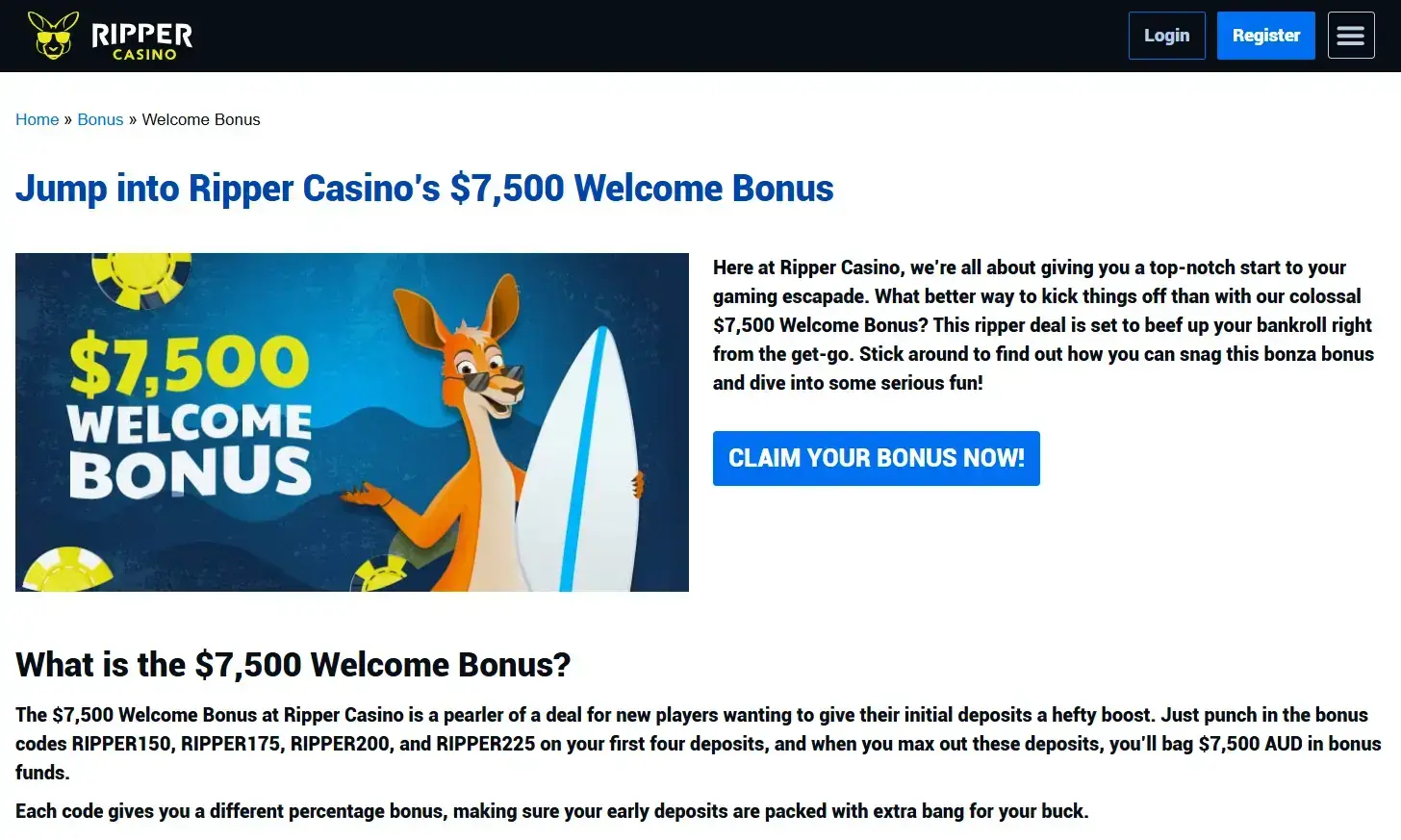 Current Ripper Casino welcome bonus page showing the four deposit stages and codes