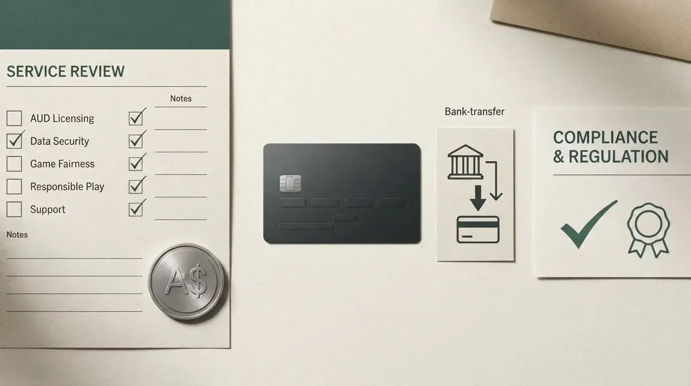 Editorial illustration of an Australian casino review checklist with AUD, payment and compliance symbols