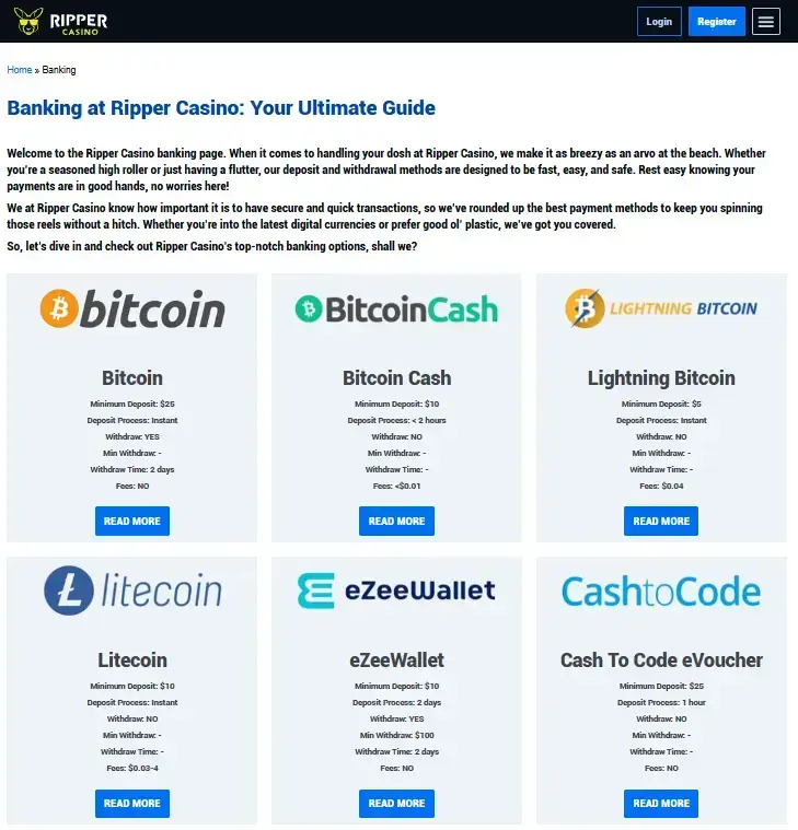 Ripper Casino official banking page withdrawal-method and processing section