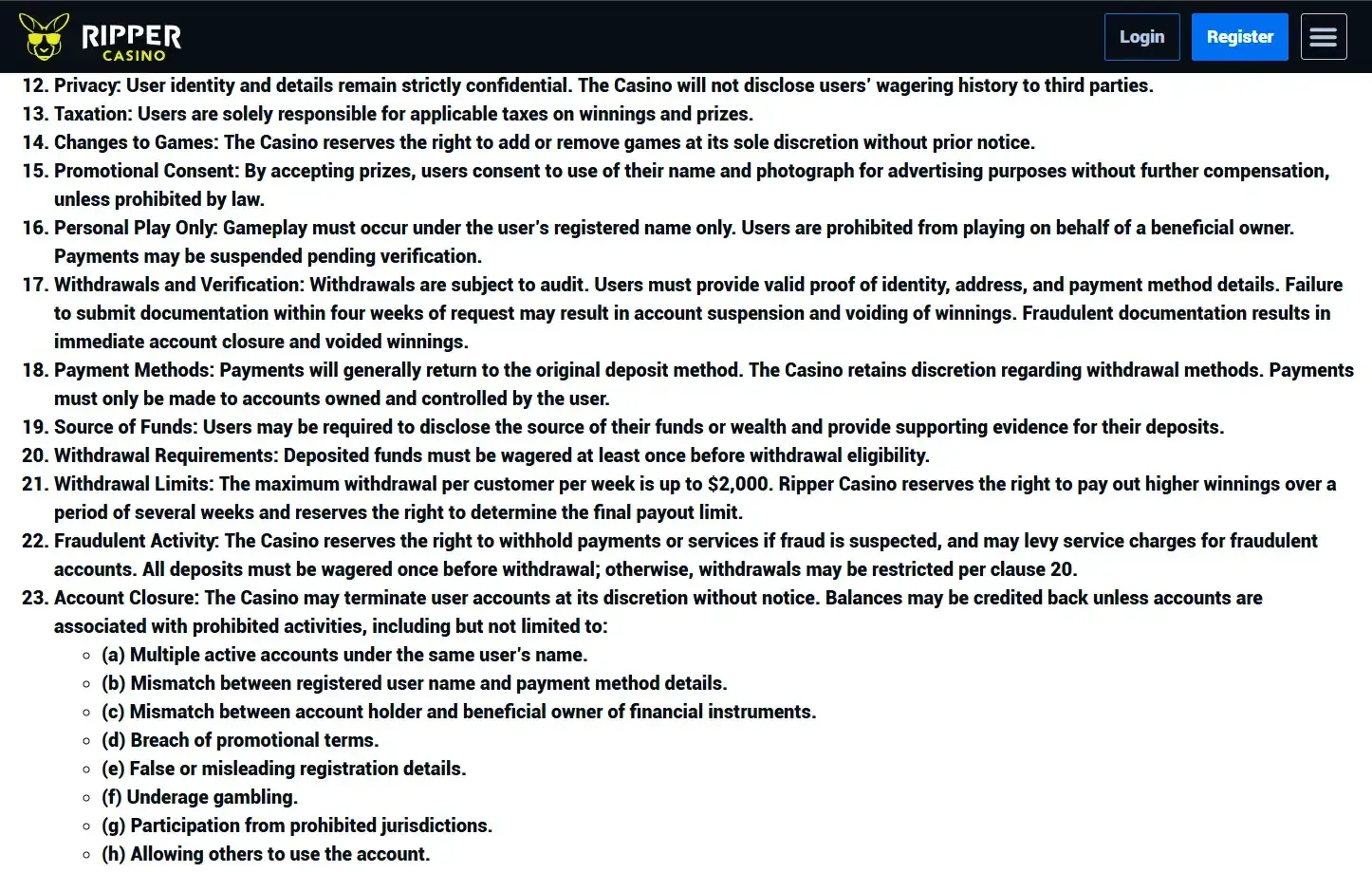 Ripper Casino official terms section describing withdrawal verification requirements