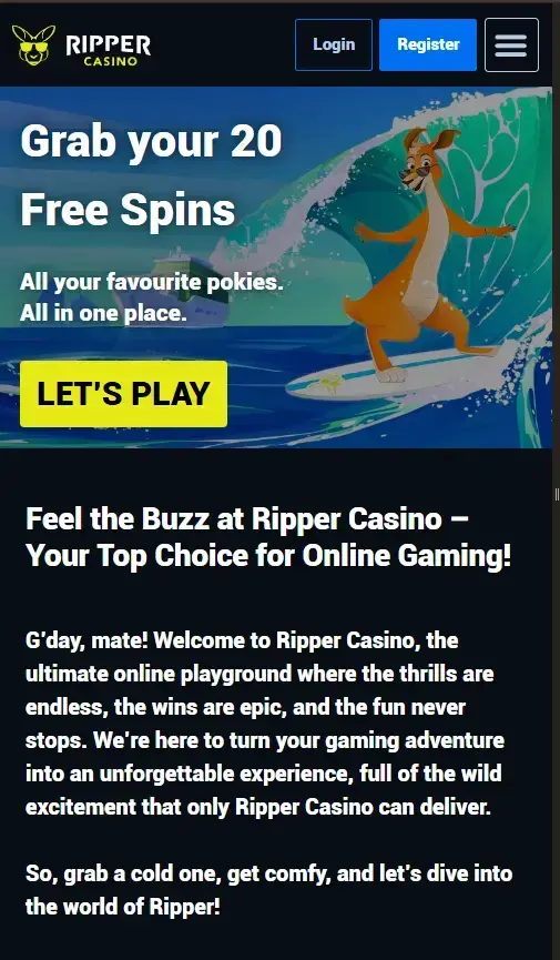 Ripper Casino public website displayed in a mobile browser viewport